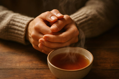 Woman warming her hands over a steaming cup of tea on a wooden table, enjoying a moment of warmth and relaxationの素材