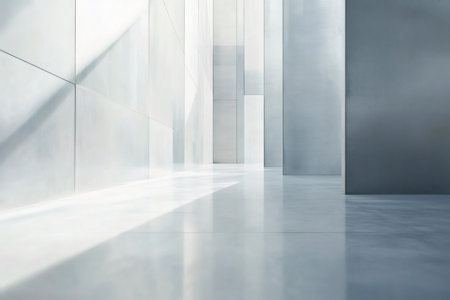 Featuring an empty, modern corridor in sleek silver gray, large tiles reflect sunlight, creating a clean and spacious atmosphereの素材
