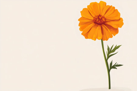 Simplified illustration of a single orange marigold flower with green stem and leaves, growing on a light beige backgroundの素材