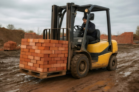 Construction worker driving a forklift loaded with bricks across a muddy construction site, maneuvering heavy equipment in challenging conditionsの素材
