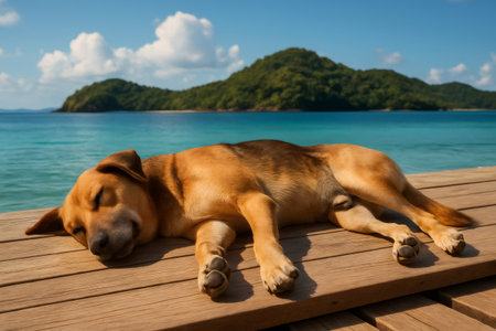Brown dog sleeping on a wooden pier in a tropical paradise, enjoying the warm sun and serene ocean viewの素材
