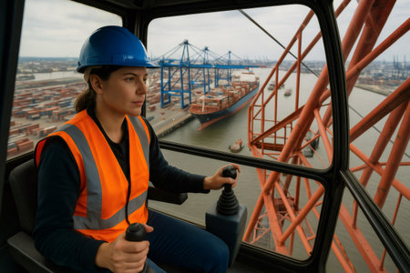 Woman wearing safety vest and helmet operating crane in industrial harbor with cargo ship and containers in backgroundの素材