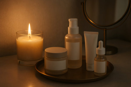 Skincare products on a tray with a burning candle and a small mirror, creating a relaxing atmosphere for an evening beauty routineの素材