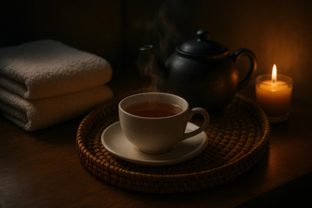 Relaxing evening tea ritual with steaming cup, teapot and candlelight setting a cozy and tranquil moodの素材