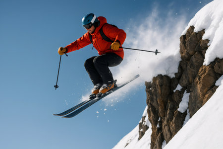 Professional skier performing a thrilling jump from a snowy cliff during an extreme skiing adventure in the mountainsの素材