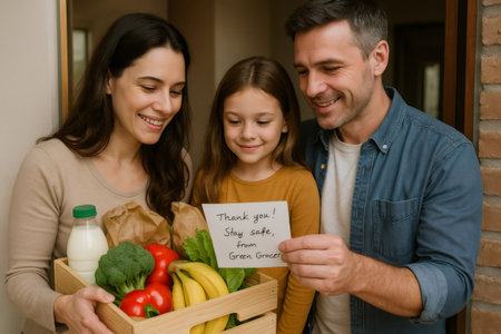Happy family receiving a grocery delivery at home door and reading thank you note from the grocery storeの素材