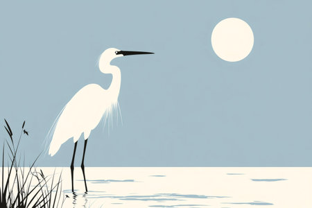Minimalist illustration of a white heron standing in shallow water with full moon and reeds in the backgroundの素材