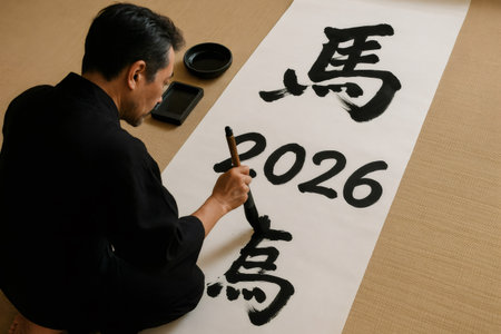 Japanese artist painting the year 2026 and the chinese zodiac sign of the horse with traditional brush and inkの素材