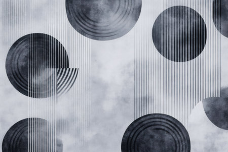 Abstract modern background featuring a harmonious blend of gray and black, with circles, semicircles and vertical lines creating a sophisticated and artistic compositionの素材