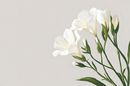 Elegant minimalist design featuring a single white freesia flower gracefully blooming against a soft gray background, embodying beauty and simplicityの素材