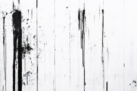 Dripping black paint stains on white wooden planks creating an abstract pattern, perfect for backgrounds and textured overlaysの素材