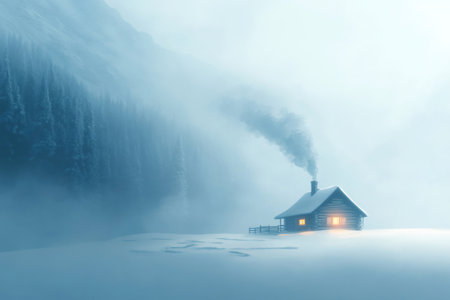 Smoke rising from chimney of cozy wooden cabin in snowy mountain valley, creating a serene winter sceneの素材