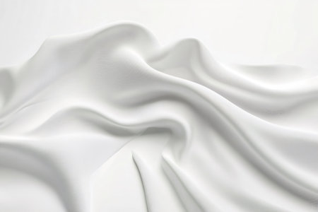 Elegant white silk fabric flowing and waving on a white background, creating a luxurious and minimalist aestheticの素材