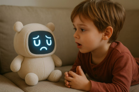 Young child talking to an ai powered robot toy showing a sad face on its screen, exploring the future of play and companionshipの素材