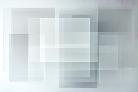 Minimalist geometric artwork featuring overlapping squares of varying shades of gray, creating a translucent effect on a white backgroundの素材
