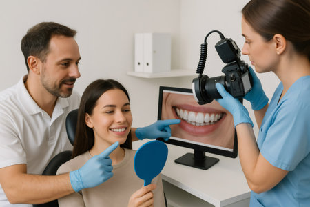 Dental professionals taking pictures of a patient's smile using a professional camera during a consultation for a dental treatmentの素材