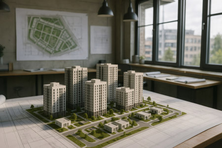 Scale model of a residential area with high rise buildings, placed on architectural drawings, inside a modern architect's studioの素材