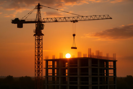 Construction site with tower crane lifting building materials during sunset, creating a silhouette against the vibrant skyの素材