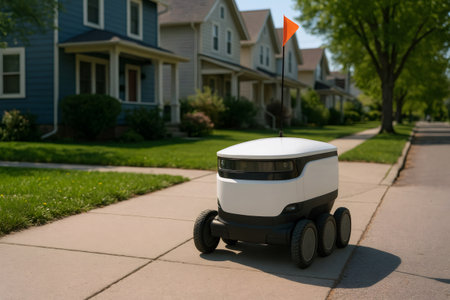 Small self driving delivery robot moving along a residential sidewalk, bringing convenience and innovation to modern logisticsの素材