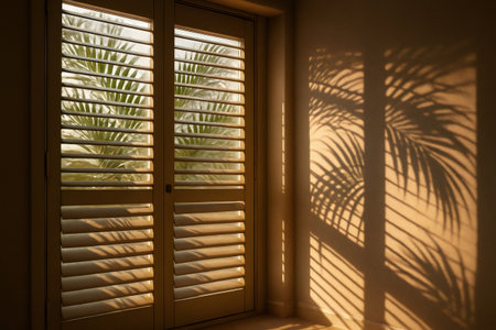 Sunlight casts shadows of palm trees through shutters onto a wall, creating a peaceful morning atmosphereの素材