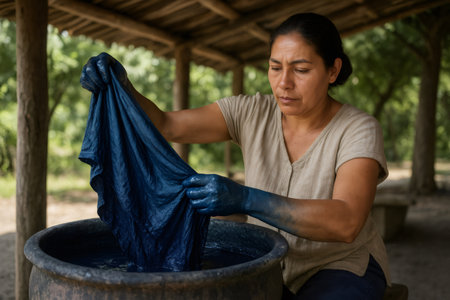 Woman dyeing a piece of cloth using natural indigo dye, showcasing a traditional crafting techniqueの素材