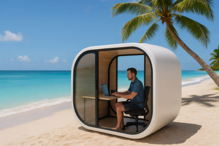 Freelancer working on a laptop inside a beach pod office, enjoying the summer sun and ocean breeze while embracing a remote lifestyleの素材