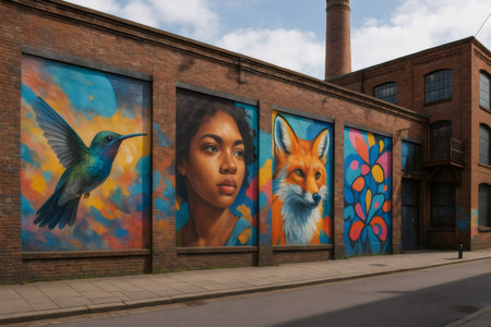 Hummingbird, woman and fox are depicted in street art murals on a brick wall of an industrial building with a chimneyの素材