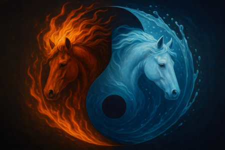 Two horses, one made of fire and the other of water, forming a yin yang symbol, representing opposing forces in harmonyの素材