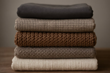 Warm toned textiles arranged in a neat stack, creating a cozy and inviting atmosphere perfect for autumn and winter home decorの素材