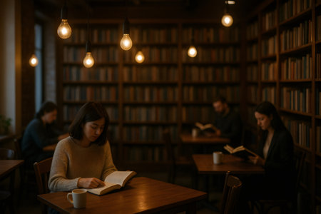 People relaxing with books and coffee in a warm, inviting library cafe, surrounded by bookshelves and softly glowing lightbulbsの素材