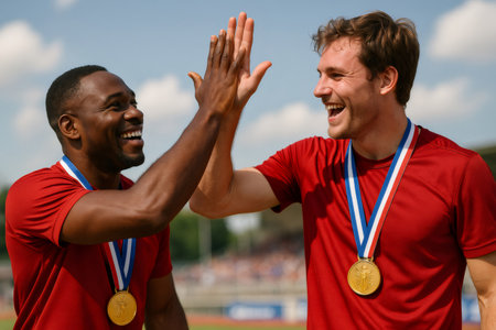 Two athletes wearing gold medals are giving each other a high five, celebrating their victory in a stadiumの素材