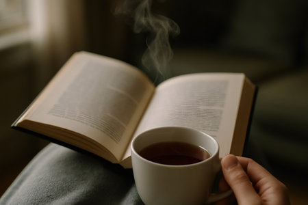 Hand holding a steaming cup of tea while enjoying an open book, creating a warm and inviting atmosphere for relaxation and leisureの素材