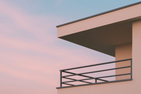 Minimalist architecture featuring a balcony with sleek railings against a serene sunset backdrop, evoking a sense of tranquility and modern livingの素材