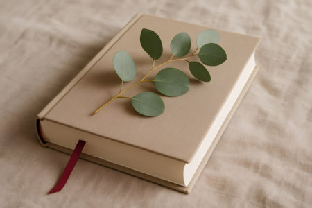 Eucalyptus branch is placed on a beige book with a red bookmark, evoking feelings of tranquility and a love for reading and natureの素材