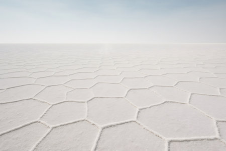 Stunning salt flat landscape forming a hexagonal pattern, creating a mesmerizing view in Boliviaの素材