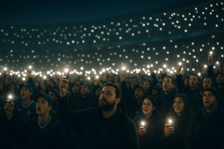 Crowd enjoying a night event in a stadium, holding illuminated smartphones, creating a magical atmosphereの素材