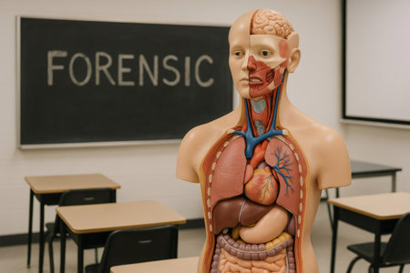Anatomical model stands in a forensic training classroom, providing a visual aid for students learning about the human bodyの素材