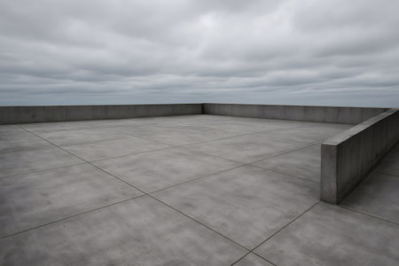 Spacious concrete rooftop terrace stretching under a cloudy sky, reaching towards the horizon, offering an expansive urban viewの素材
