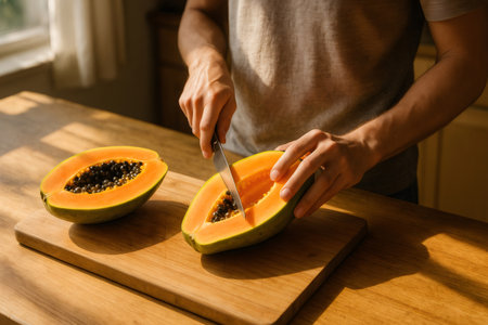 Chef skillfully cutting ripe papaya on a wooden cutting board in a bright, sunny kitchen, preparing a delicious and healthy mealの素材
