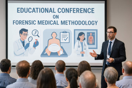 Speaker presenting forensic medical methodology at an educational conference to an audience of professionalsの素材