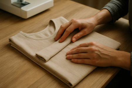 Seamstress folding a new beige t shirt with care near a sewing machine on a rustic wooden table, showcasing dedication to craftの素材
