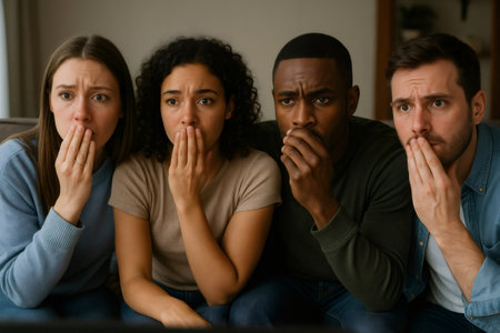Four friends sitting on sofa are watching a scary movie, covering their mouths with their handsの素材