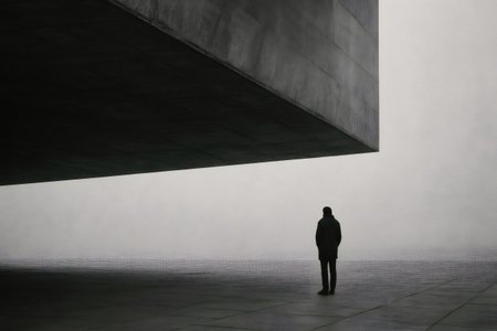 Black and white image of a lonely man standing under a concrete overhang in a foggy day, contemplating the horizonの素材