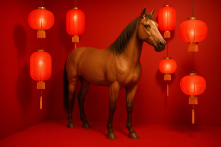 Brown horse standing in a red room illuminated by hanging traditional Chinese lanterns celebrating the Lunar New Yearの素材