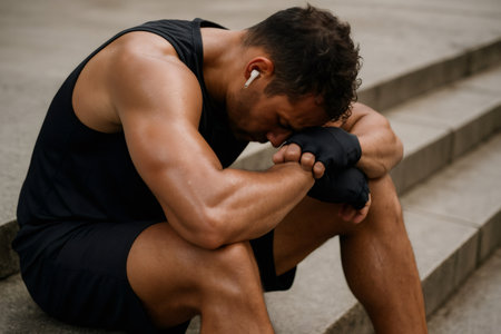 Tired sportsman taking a break on concrete stairs, catching breath and recovering energy after challenging training sessionの素材