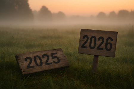 Wooden signs with the years 2025 and 2026 symbolize the passage of time in a misty dawn landscapeの素材
