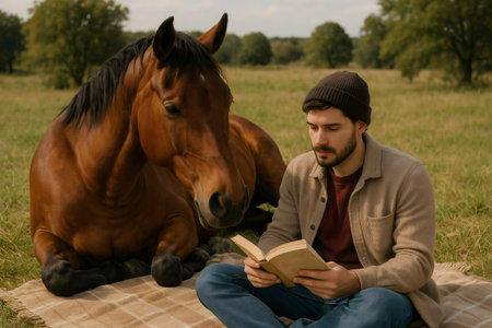 Horse and man relaxing on a blanket in a sunny field, enjoying moments of reading a book together in peaceful natureの素材