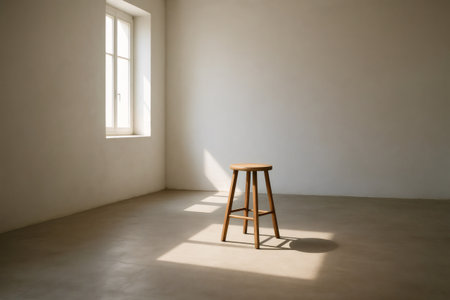 Simple wooden stool standing in sunbeam in empty room with concrete floor and white walls, creating minimalist and serene atmosphereの素材