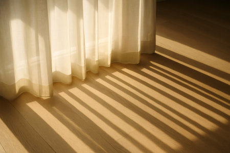 Sunlight is creating parallel shadows from sheer curtains on a wooden floor, offering a peaceful and minimalist home interior sceneの素材