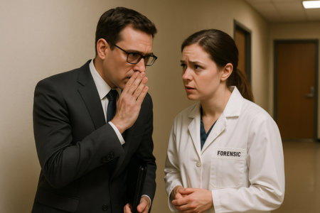 Lawyer whispering confidential information to forensic doctor while navigating a hospital corridor, creating an air of mystery and suspenseの素材